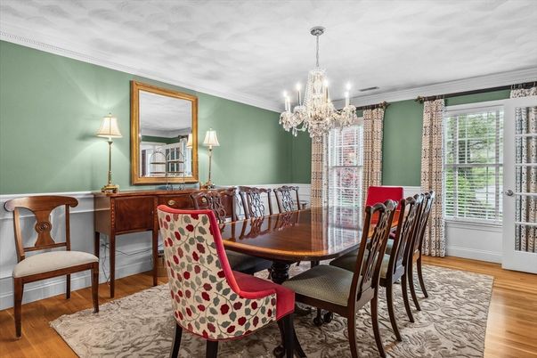 Chandelier, Dining room, Interior, Wood Texture Flooring