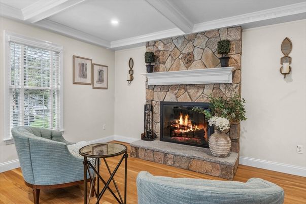 Fireplace, Interior, Recessed Lighting, Stone Walls, Wood Texture Flooring