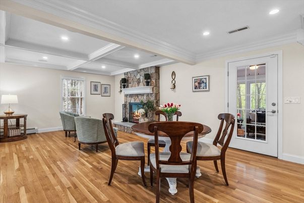 Dining room, Fireplace, Interior, Living room, Recessed Lighting, Wood Texture Flooring