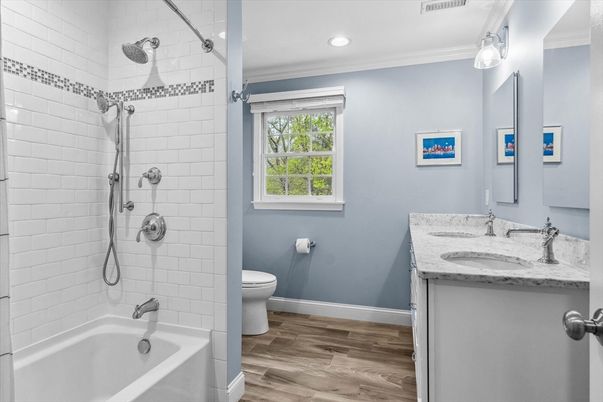 Bathroom, Dual Sink Vanities, Interior, Recessed Lighting, Wood Texture Flooring