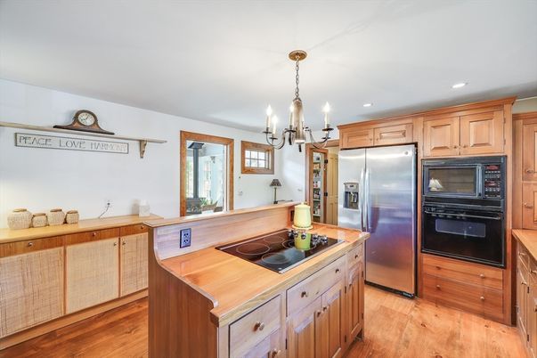 Chandelier, Interior, Kitchen, Recessed Lighting, Stainless Steel Appliances, Wood Texture Flooring