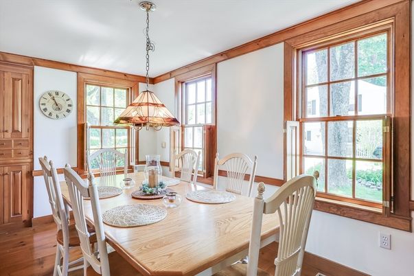 Dining room, Interior, Pendant Lights, Wood Texture Flooring