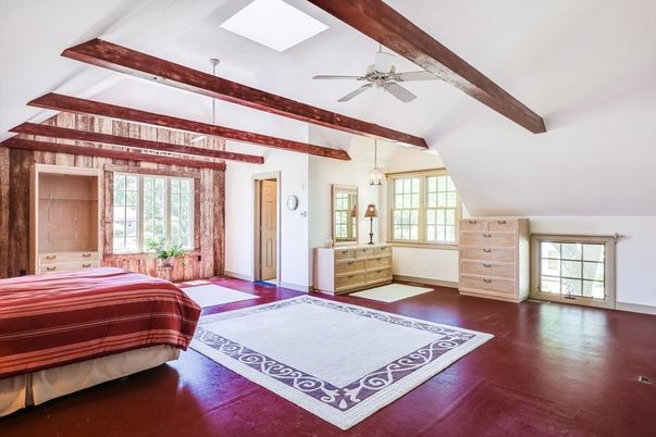 Bedroom, Interior, Pendant Lights, Wooden Beams, Wood Texture Flooring