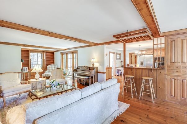 Chandelier, Interior, Kitchen, Living room, Piano, Wooden Beams, Wood Texture Flooring
