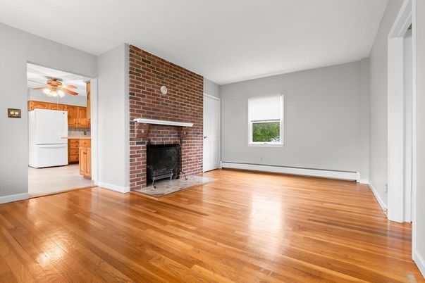 Empty room, Fireplace, Interior, Kitchen, Stone Walls, Wood Texture Flooring