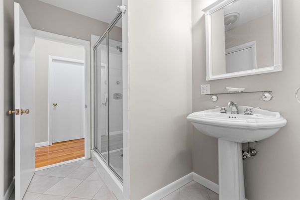 Bathroom, Glass Shower, Interior, Wood Texture Flooring