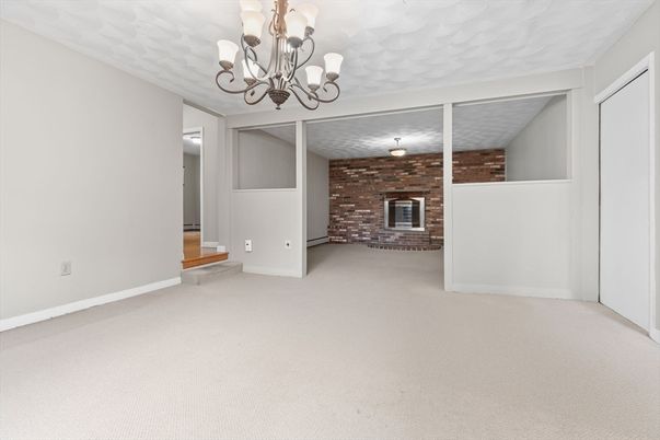 Chandelier, Empty room, Fireplace, Interior, Stone Walls