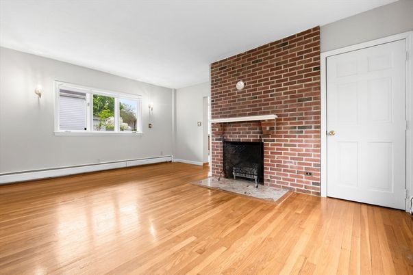 Empty room, Fireplace, Interior, Stone Walls, Wood Texture Flooring