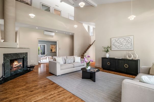 Fireplace, Interior, Living room, Pendant Lights, Recessed Lighting, Wood Texture Flooring