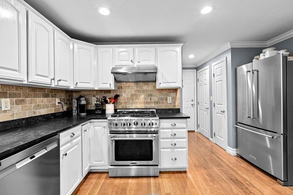 Interior, Kitchen, Recessed Lighting, Stainless Steel Appliances, Wood Texture Flooring