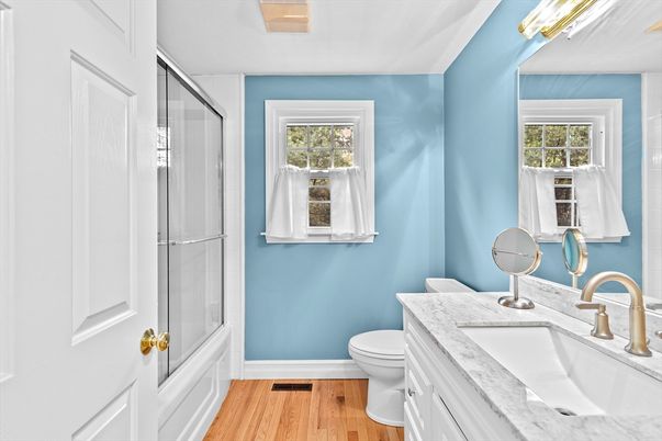 Bathroom, Glass Shower, Interior, Wood Texture Flooring