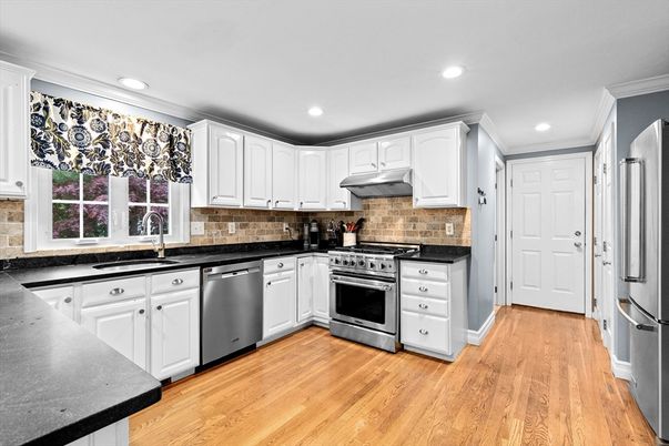 Interior, Kitchen, Recessed Lighting, Stainless Steel Appliances, Wood Texture Flooring