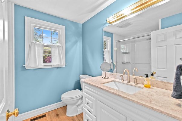Bathroom, Glass Shower, Interior, Wood Texture Flooring