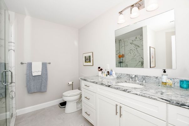 Bathroom, Dual Sink Vanities, Glass Shower, Interior, Marble Walls