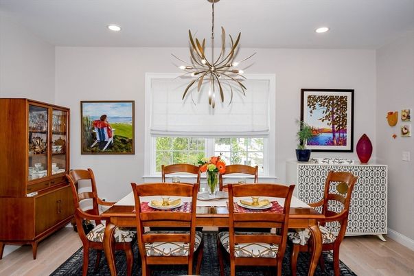 Dining room, Interior, Pendant Lights, Recessed Lighting, Wood Texture Flooring