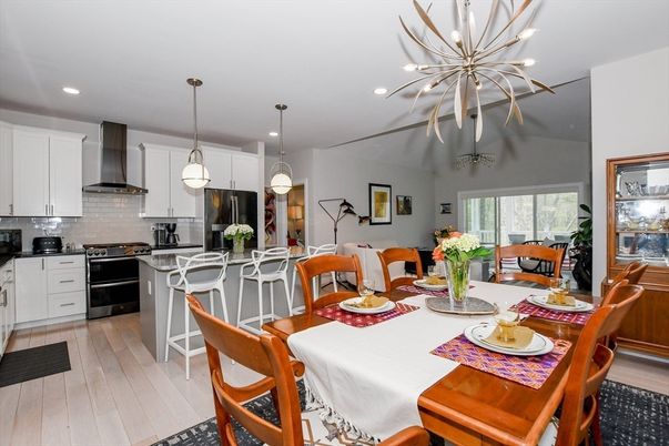 Dining room, Interior, Kitchen, Pendant Lights, Recessed Lighting, Stainless Steel Appliances, Wood Texture Flooring