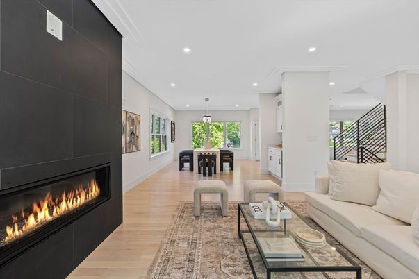 Dining room, Fireplace, Interior, Kitchen, Living room, Pendant Lights, Recessed Lighting, Wood Texture Flooring