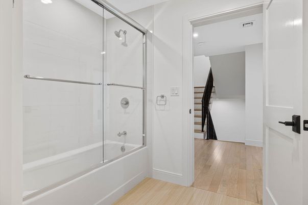 Bathroom, Glass Shower, Interior, Recessed Lighting, Wood Texture Flooring