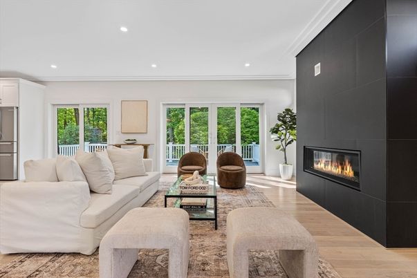 Fireplace, Interior, Living room, Recessed Lighting, Wood Texture Flooring