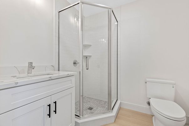 Bathroom, Glass Shower, Interior, Wood Texture Flooring