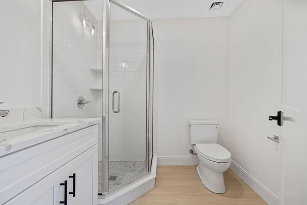Bathroom, Glass Shower, Interior, Wood Texture Flooring