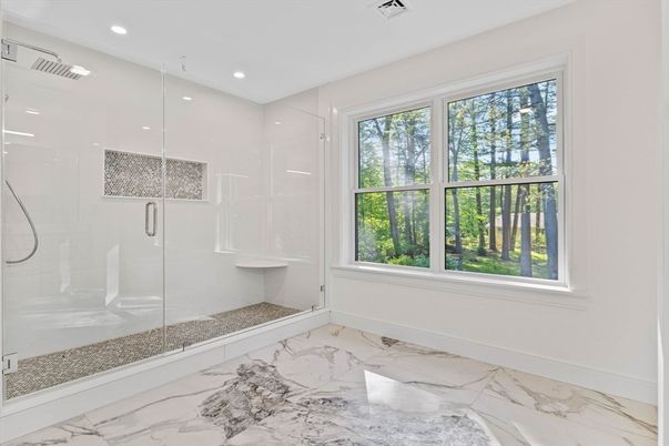 Bathroom, Glass Shower, Interior, Marble, Recessed Lighting