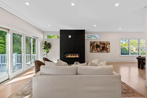 Fireplace, Interior, Living room, Recessed Lighting, Wood Texture Flooring