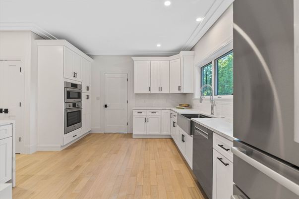 Interior, Kitchen, Recessed Lighting, Stainless Steel Appliances, Wood Texture Flooring