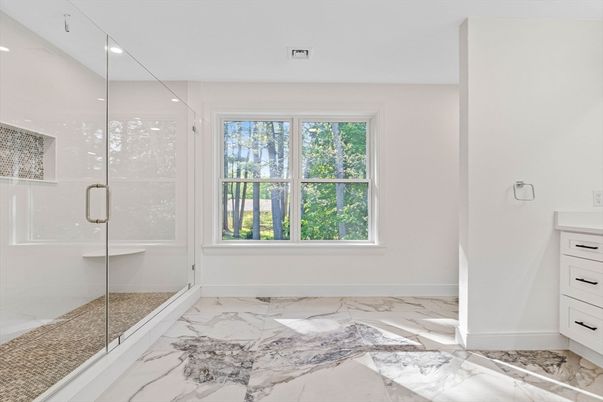 Bathroom, Glass Shower, Interior, Marble, Recessed Lighting