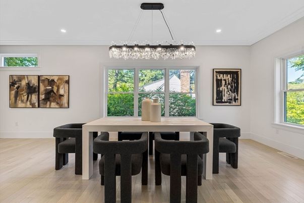 Dining room, Interior, Pendant Lights, Recessed Lighting, Wood Texture Flooring