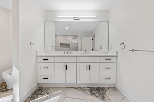 Bathroom, Dual Sink Vanities, Interior, Marble, Recessed Lighting