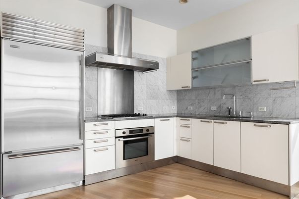 Interior, Kitchen, Marble Walls, Stainless Steel Appliances, Wood Texture Flooring