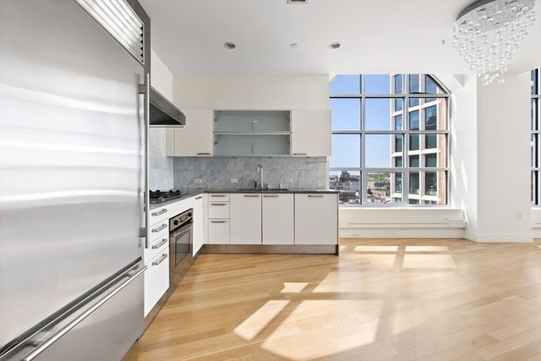 Chandelier, Interior, Kitchen, Recessed Lighting, Stainless Steel Appliances, Wood Texture Flooring