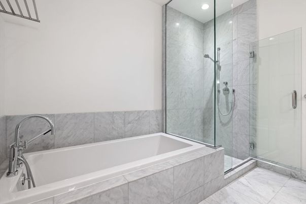 Bathroom, Glass Shower, Interior, Marble, Marble Walls, Recessed Lighting