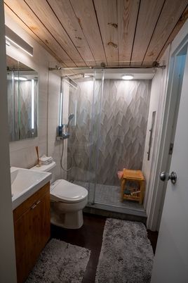 Bathroom, Glass Shower, Interior, Wooden Ceilings, Wood Texture Flooring