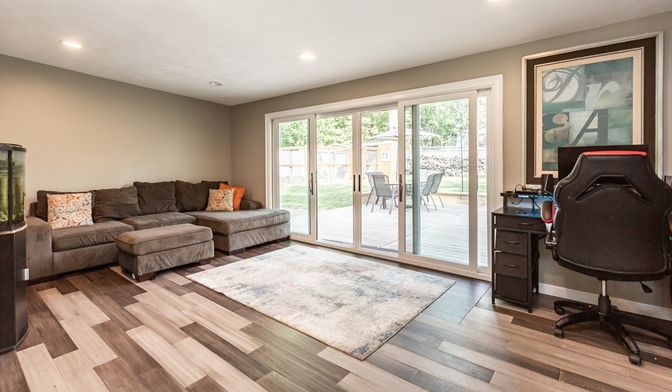 Fireplace, Home Office, Interior, Recessed Lighting, Wood Texture Flooring