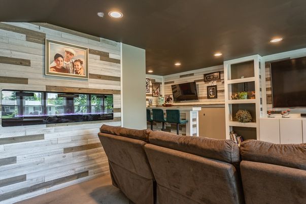 Interior, Living room, Recessed Lighting, Wood Texture Flooring, Wooden Walls