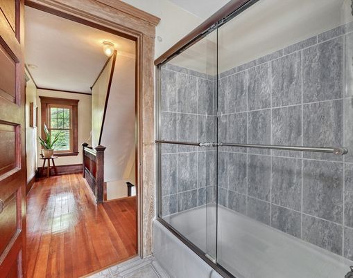 Bathroom, Glass Shower, Interior, Wood Texture Flooring