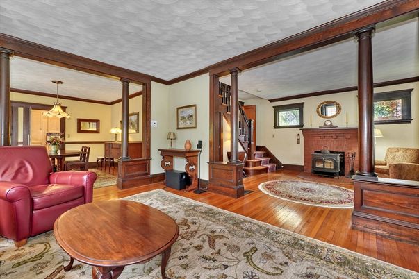 Dining room, Fireplace, Interior, Pendant Lights, Wood Texture Flooring