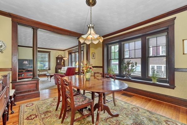 Dining room, Interior, Pendant Lights, Wood Texture Flooring