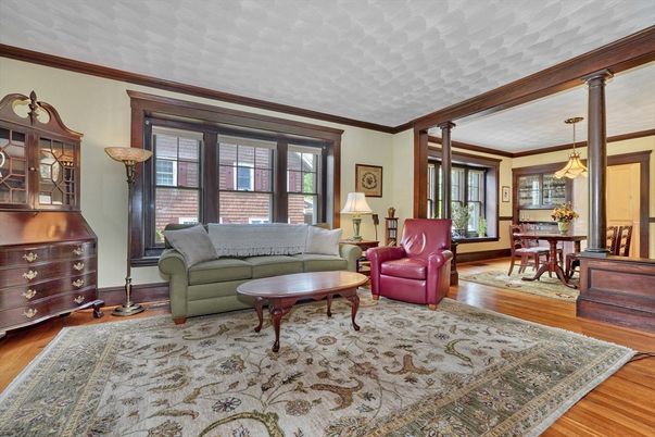 Dining room, Interior, Living room, Pendant Lights, Wood Texture Flooring
