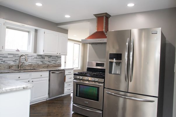 Interior, Kitchen, Recessed Lighting, Stainless Steel Appliances, Wood Texture Flooring