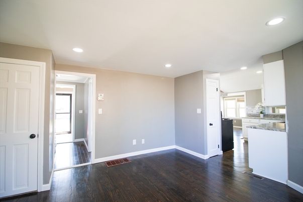 Empty room, Interior, Kitchen, Recessed Lighting, Wood Texture Flooring