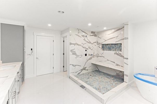 Bathroom, Free Standing Baths, Glass Shower, Interior, Marble, Marble Walls, Recessed Lighting
