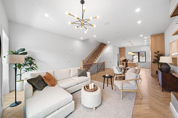Dining room, Interior, Living room, Pendant Lights, Recessed Lighting, Wood Texture Flooring