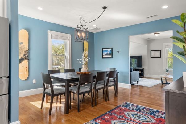 Dining room, Interior, Pendant Lights, Recessed Lighting, Wood Texture Flooring