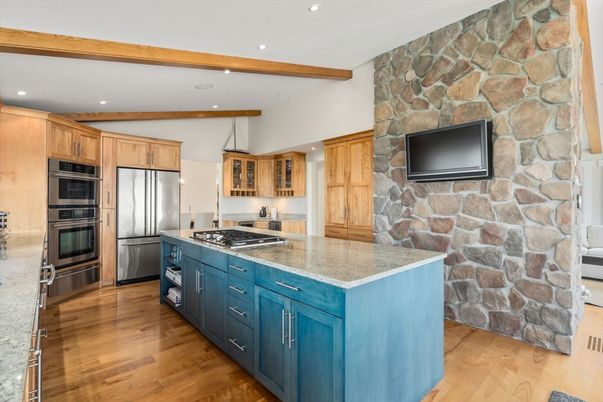 Interior, Kitchen, Recessed Lighting, Stainless Steel Appliances, Stone Walls, Wooden Beams, Wood Texture Flooring