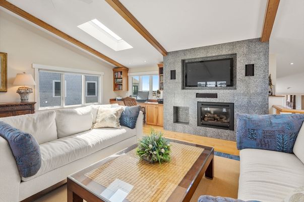 Fireplace, Interior, Living room, Recessed Lighting, Wooden Beams