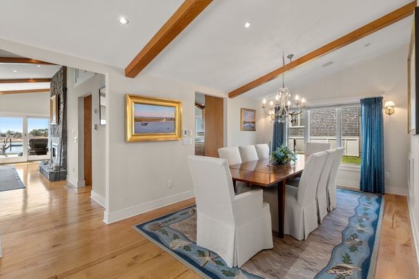 Chandelier, Dining room, Interior, Recessed Lighting, Wooden Beams, Wood Texture Flooring