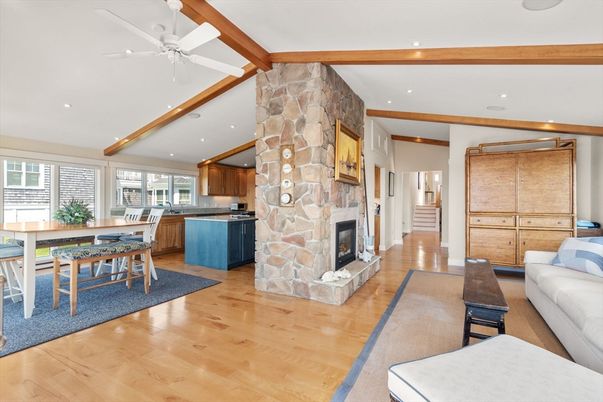 Dining room, Fireplace, Interior, Kitchen, Living room, Recessed Lighting, Stone Walls, Wooden Beams, Wood Texture Flooring